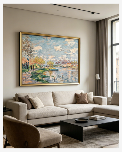Monet Spring by the Seine canvas art displayed in a modern living room, bringing fresh spring vibes to your space