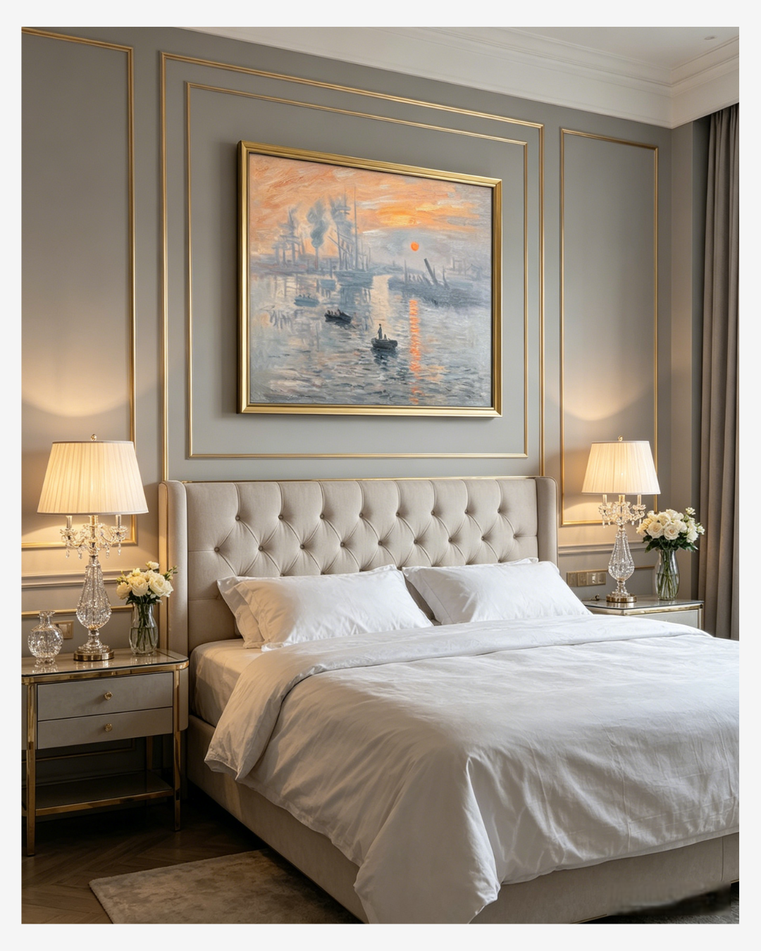 Hand-paintedMonet reproduction canvas art abovea luxury bed in a modern greybedroom
