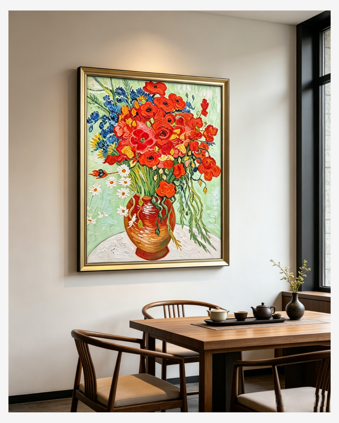 Van Gogh Red Poppies canvas art displayed in a cozy home tea room, adding bright, cheerful vibes