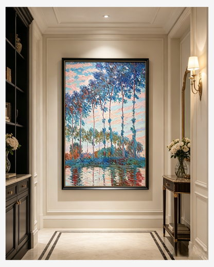 Framed Monet Poplars painting hanging in an elegant entryway, tall impressionist wall decor