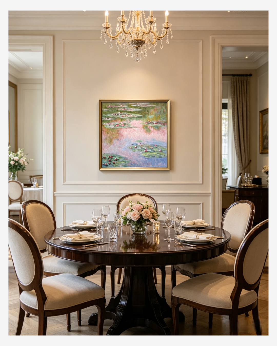 Monet Water Lilies with pink reflections canvas art displayed in a classic dining room
