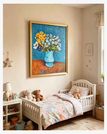 Van Gogh floral canvas art displayed in a cozy nursery, adding vibrant color and charm to the space