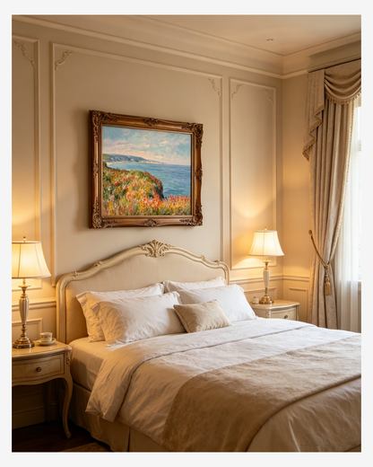 Monet Cliffs at Pourville canvas art displayed in a cozy bedroom, bringing seaside serenity to your space