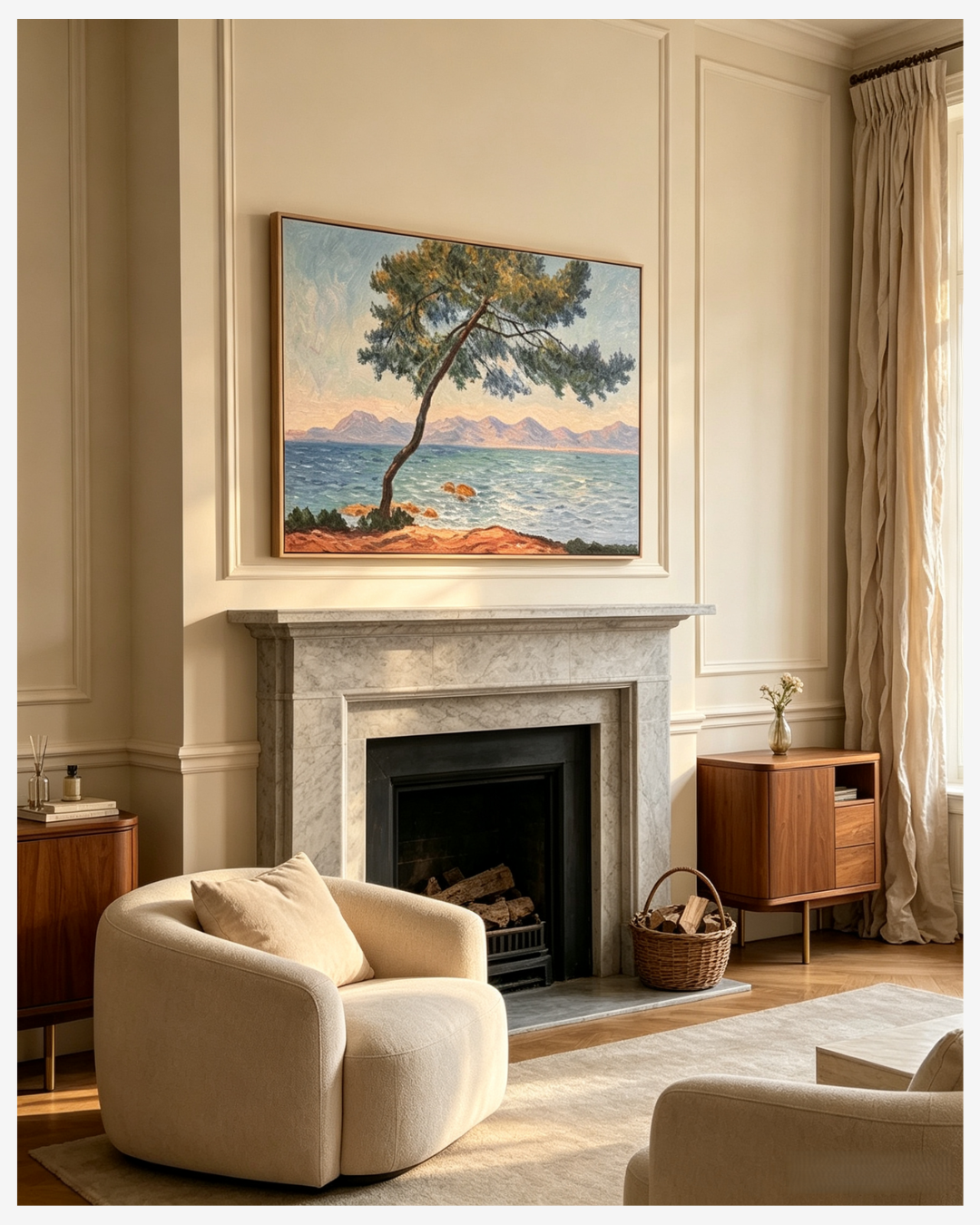 Impressionist Monet Antibes seascape painting hanging above fireplace in cozy home interior