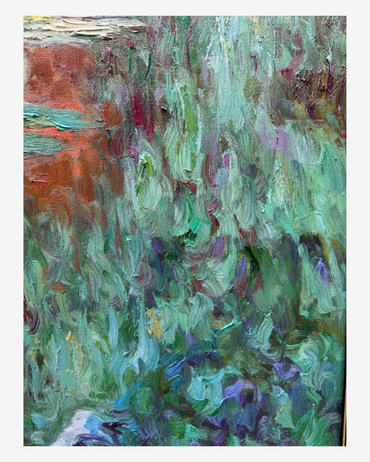 Detailed view of the water lily and pond reflections on this hand-painted Monet Water Lilies oil painting