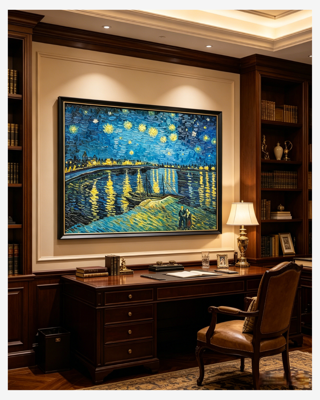 Van Gogh Starry Night Over the Rhône canvas art displayed in a classic home office, adding magical night vibes