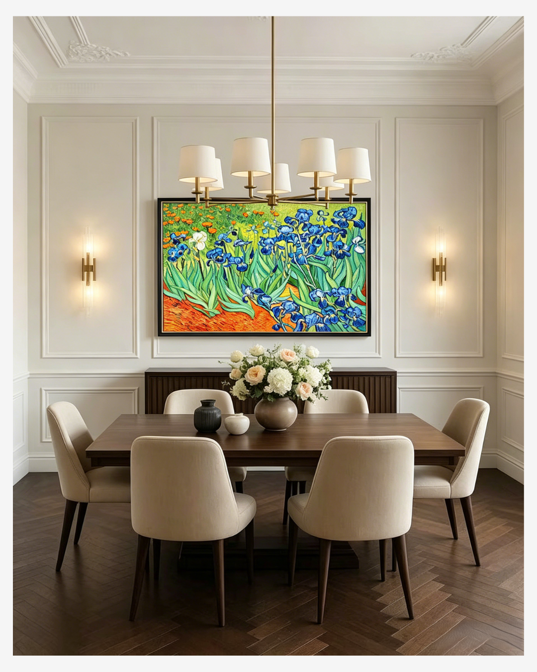 Framed Van Gogh Irises reproduction oil art above dining table, luxury dining room wall decoration