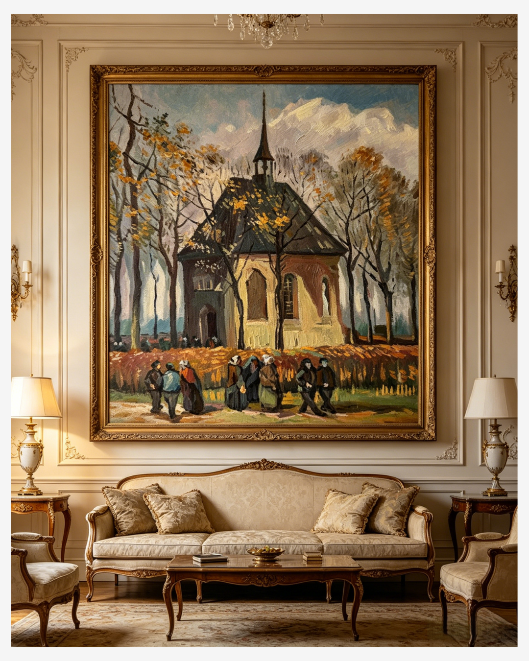 Church at Nuenen reproduction framed as statement art in classic European living room