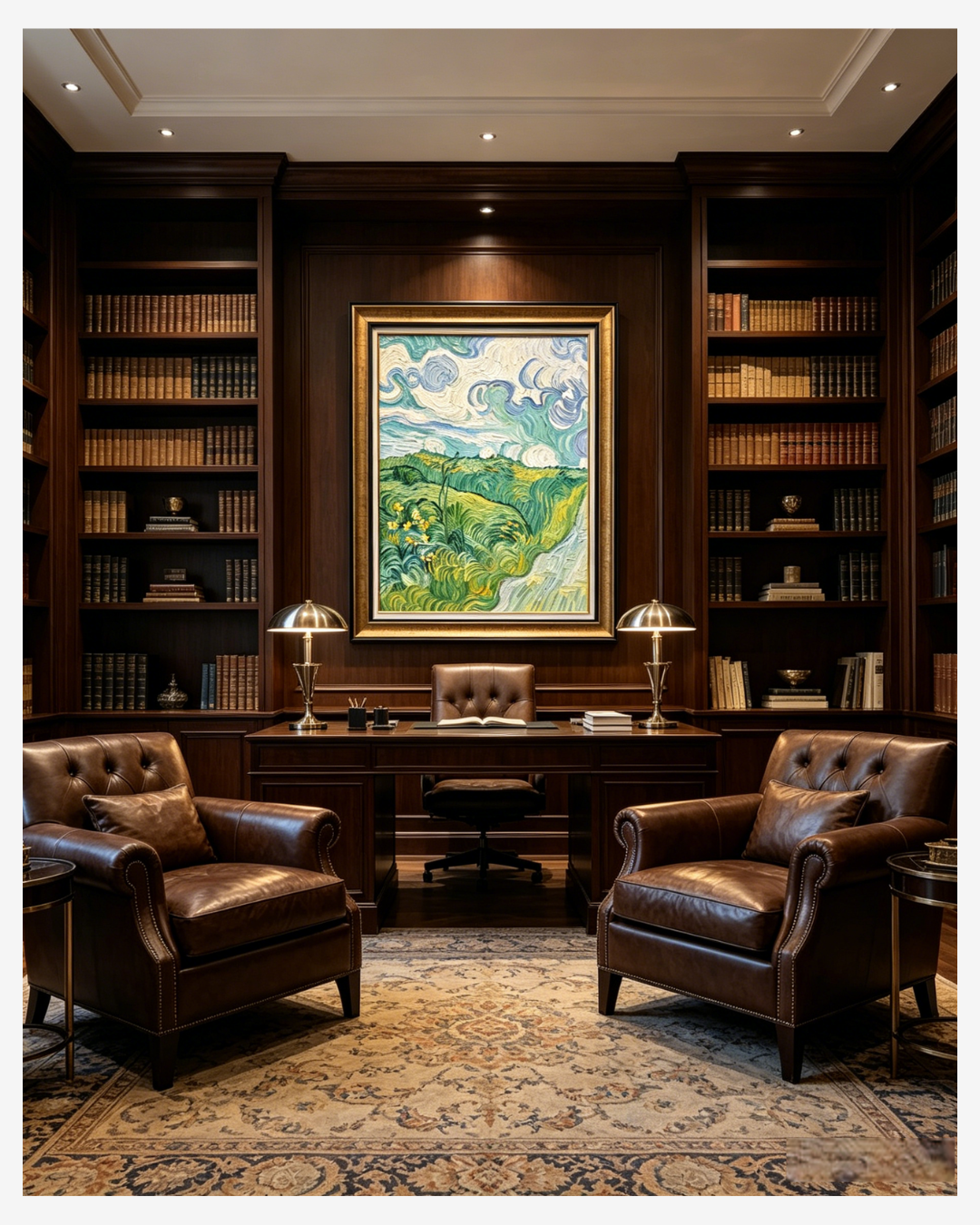 Van Gogh Green Wheat Fields canvas art displayed in a classic home office, bringing fresh nature vibes to your space