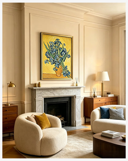Van Gogh blue irises yellow background painting above fireplace in classic cozy living room interior