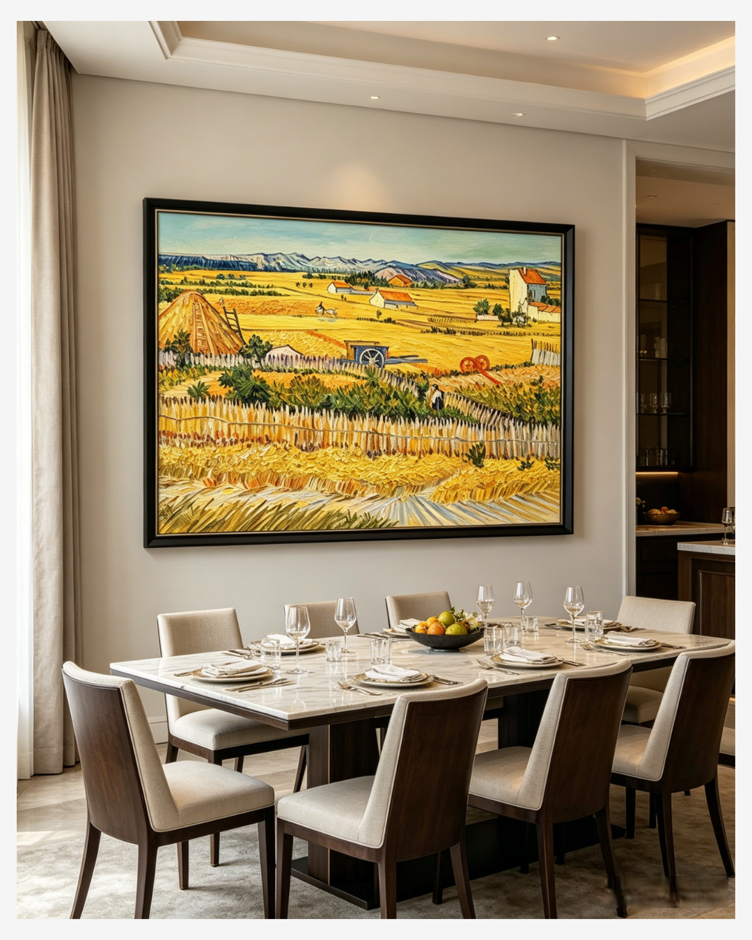 Hand-painted Van Gogh wheat field reproduction in a modern dining room, adding rustic charm to your space