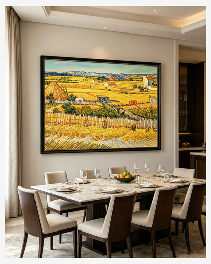 Hand-painted Van Gogh wheat field reproduction in a modern dining room, adding rustic charm to your space