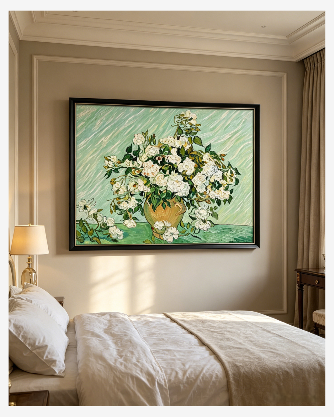 Van Gogh White Roses canvas art displayed in a cozy bedroom, serene and calming floral wall art