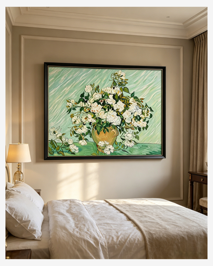 Van Gogh White Roses canvas art displayed in a cozy bedroom, serene and calming floral wall art