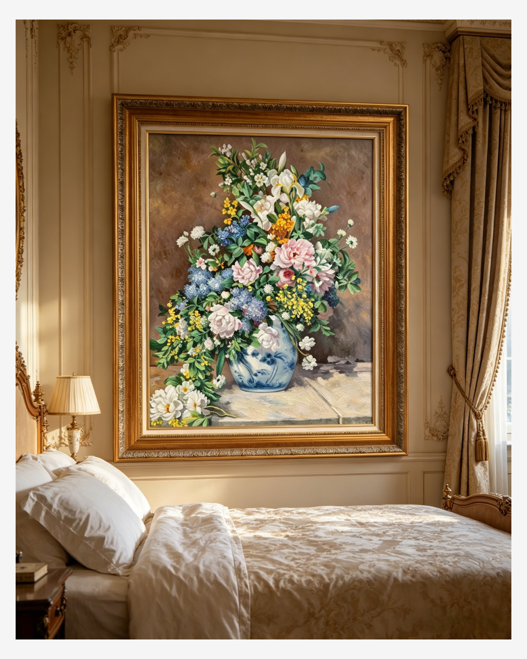 Renoir floral still life canvas art displayed in a cozy bedroom, adding soft, romantic charm to the space