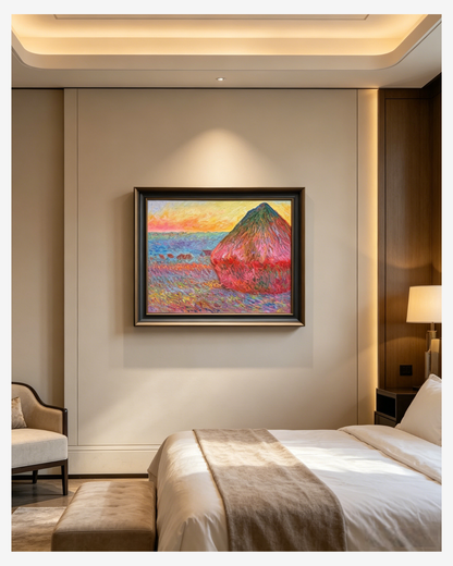 Hand-paintedMonet reproduction canvas art
hanging in a cozy luxury bedroomsetup