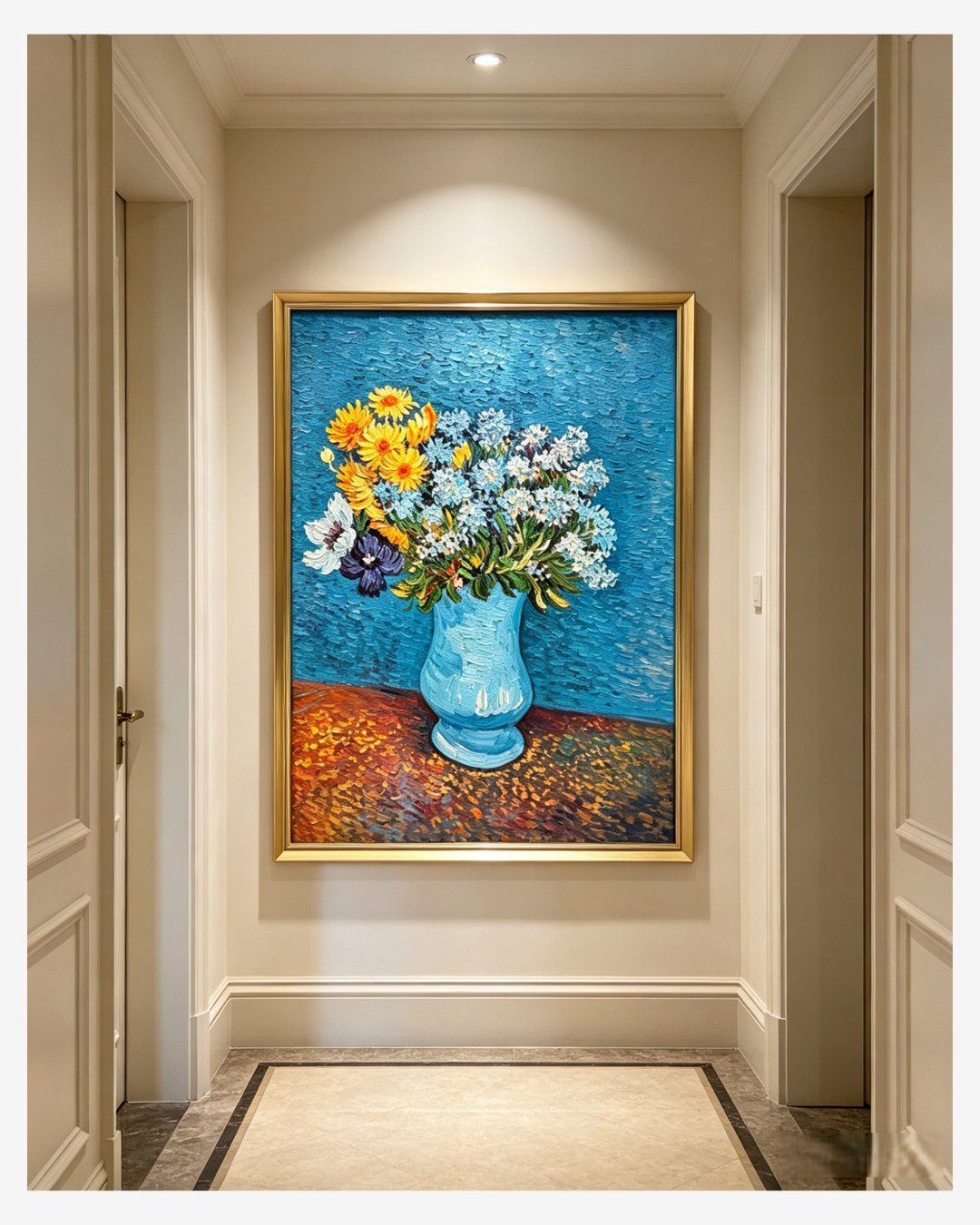 Hand-painted Van Gogh cornflower reproduction in a classic entryway, timeless impressionist wall art
