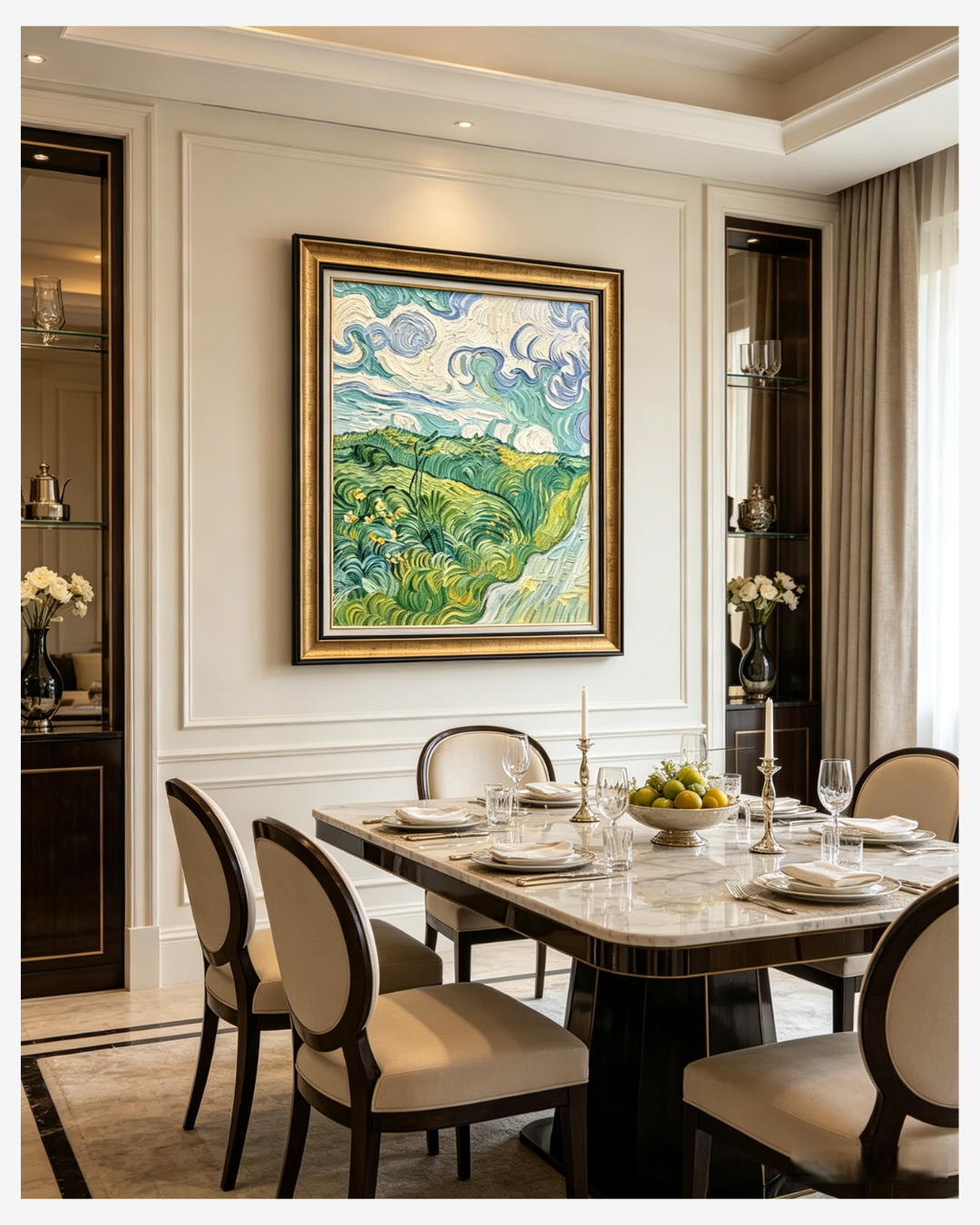 Hand-painted Van Gogh Auvers wheat fields reproduction in a modern dining room, timeless impressionist wall art