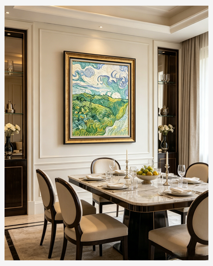 Hand-painted Van Gogh Auvers wheat fields reproduction in a modern dining room, timeless impressionist wall art