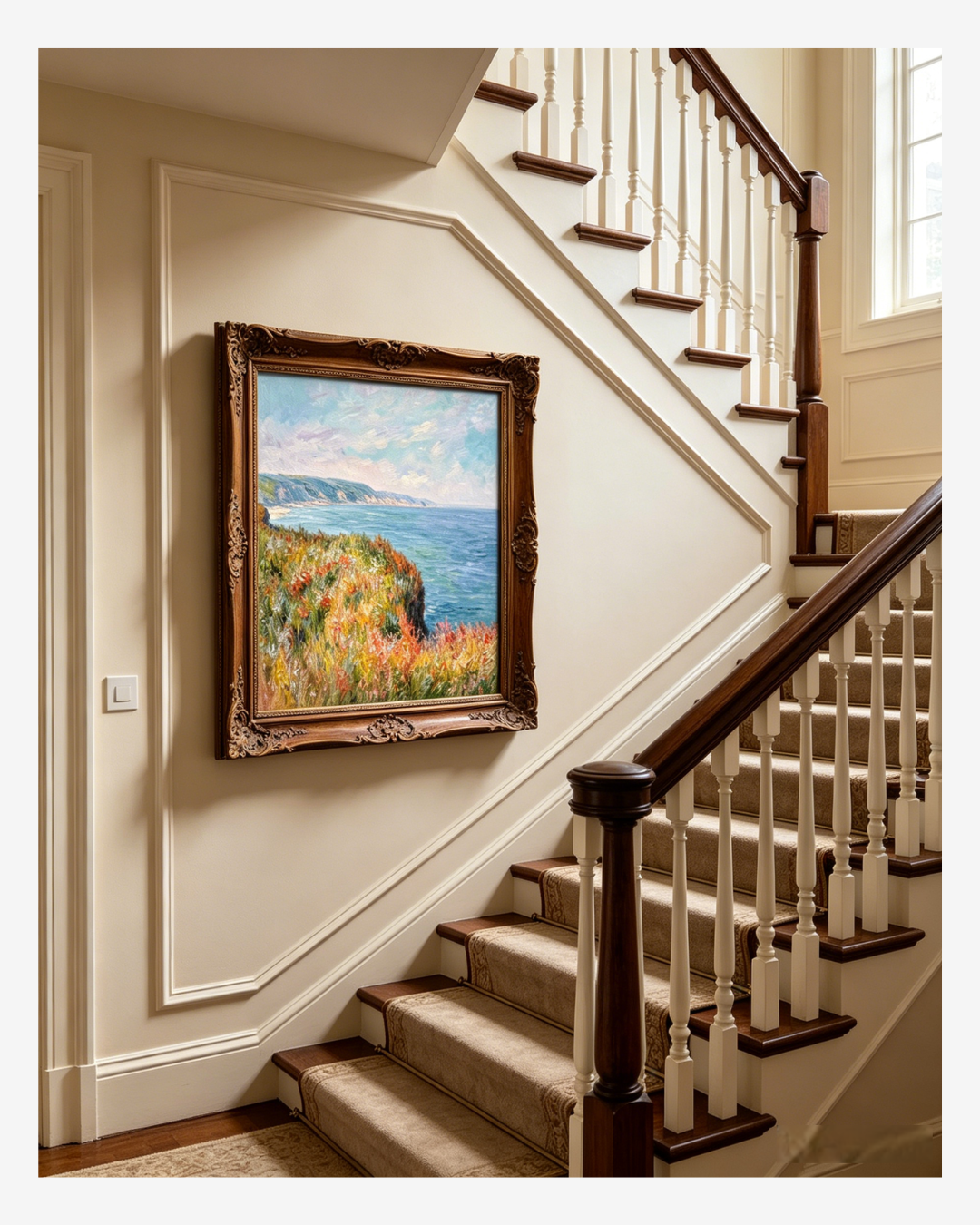Hand-painted Monet Cliffs at Pourville reproduction in a classic staircase, timeless coastal wall art