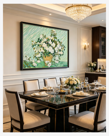 Hand-painted Van Gogh White Roses reproduction in a classic dining room, adding timeless charm to your space