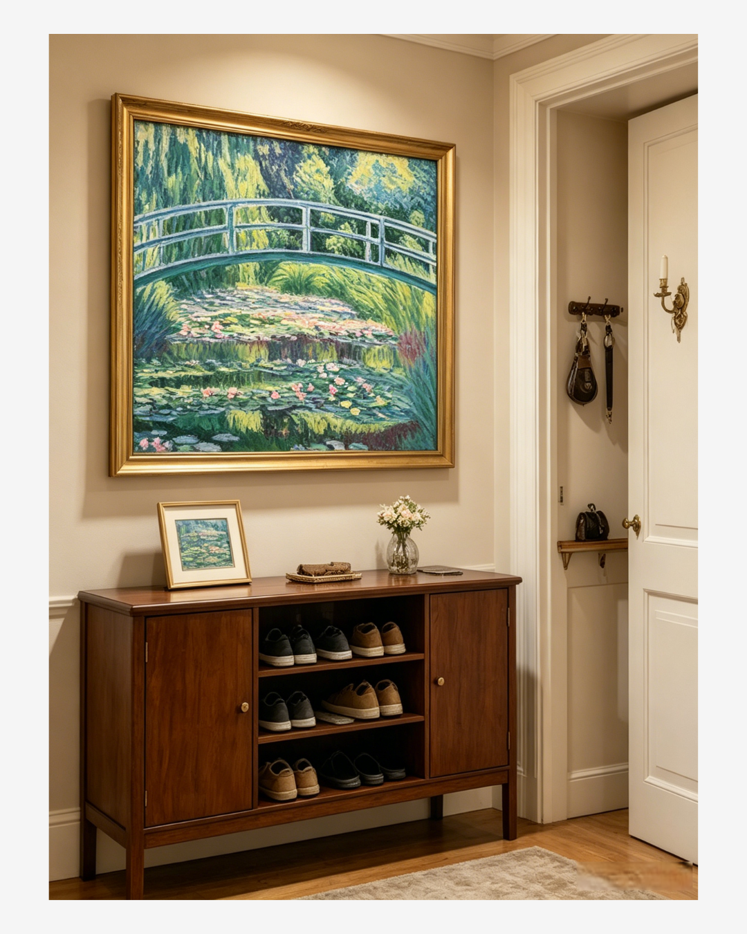 Hand-painted Monet Japanese Footbridge reproduction in a classic entryway, timeless impressionist home art
