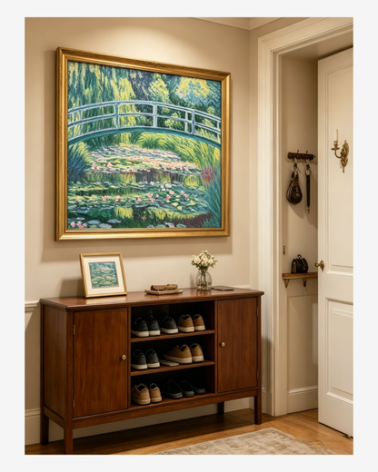Hand-painted Monet Japanese Footbridge reproduction in a classic entryway, timeless impressionist home art