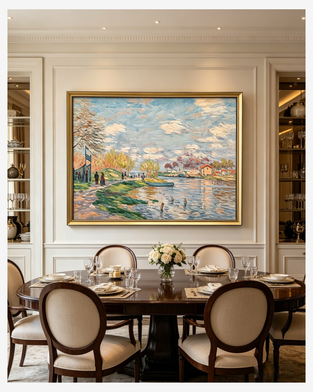 Hand-painted Monet riverside spring reproduction in a classic dining room, timeless impressionist wall art