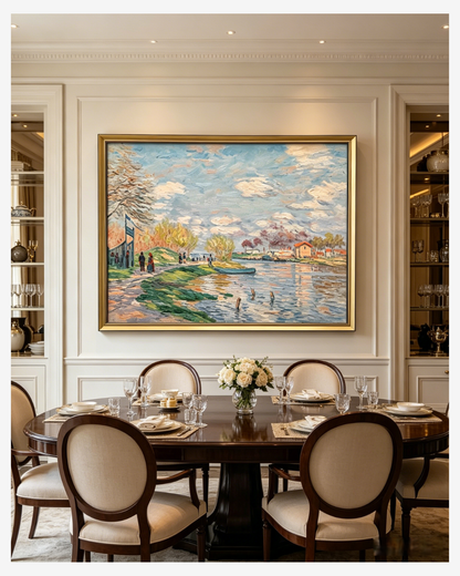 Hand-painted Monet riverside spring reproduction in a classic dining room, timeless impressionist wall art