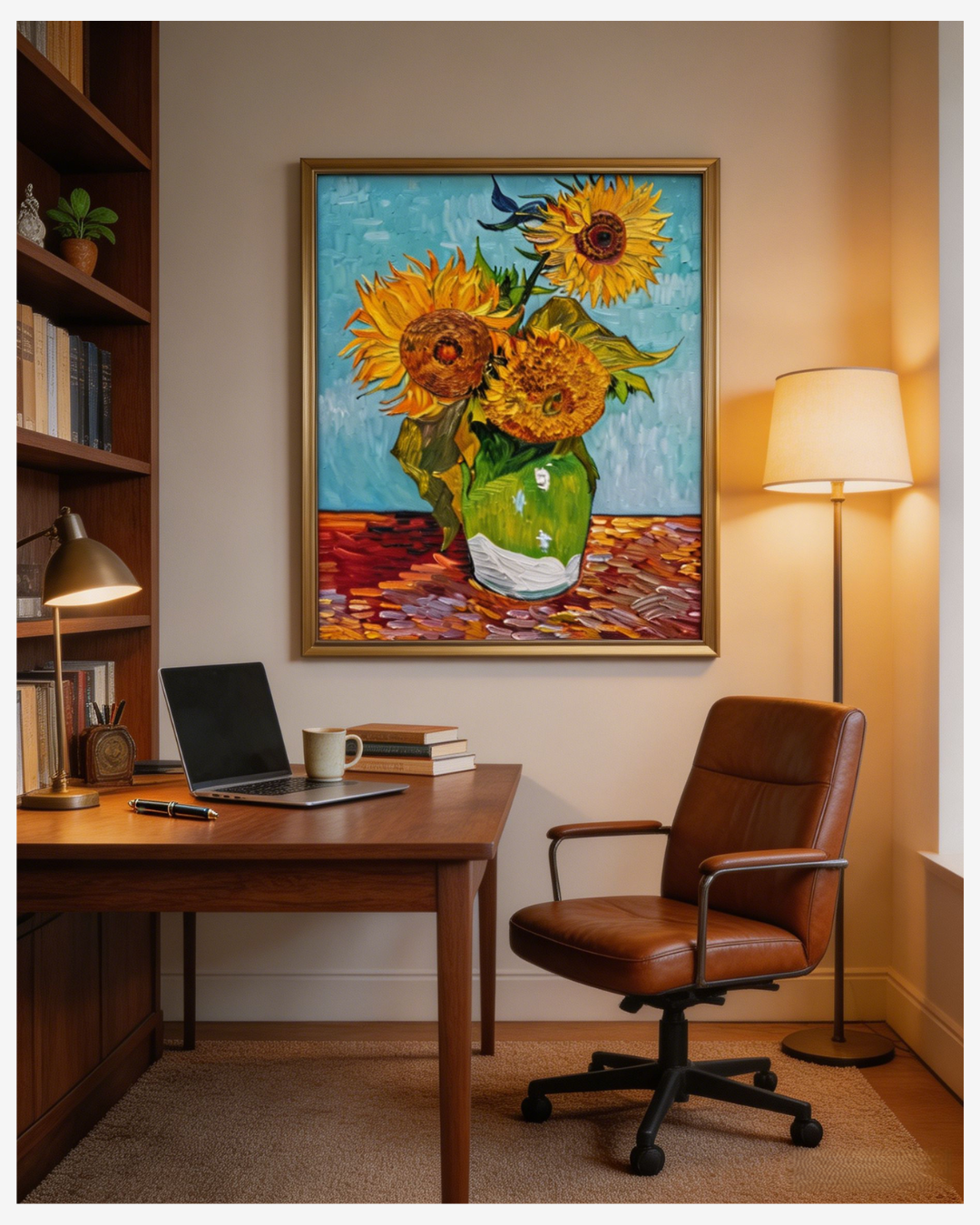 Van Gogh Three Sunflowers in a Vase oil reproduction displayed in a living room setting