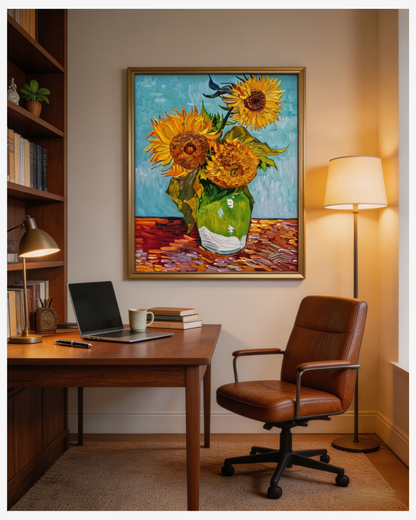 Van Gogh Three Sunflowers in a Vase oil reproduction displayed in a living room setting