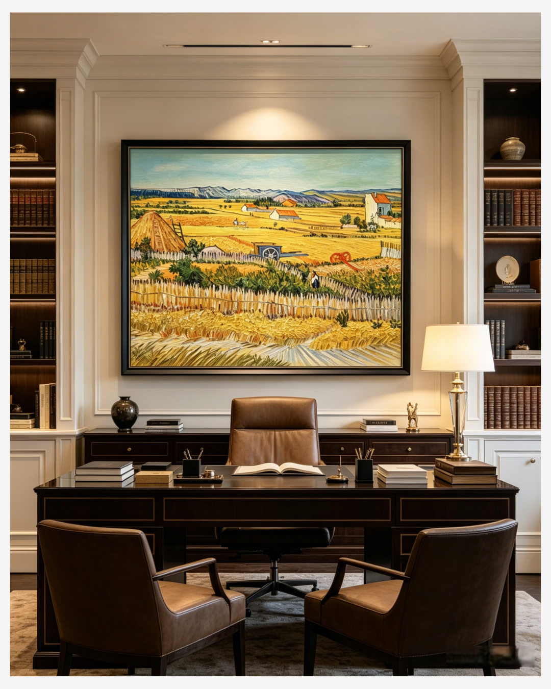 Van Gogh The Harvest canvas art displayed in a classic home office, warm golden landscape wall art