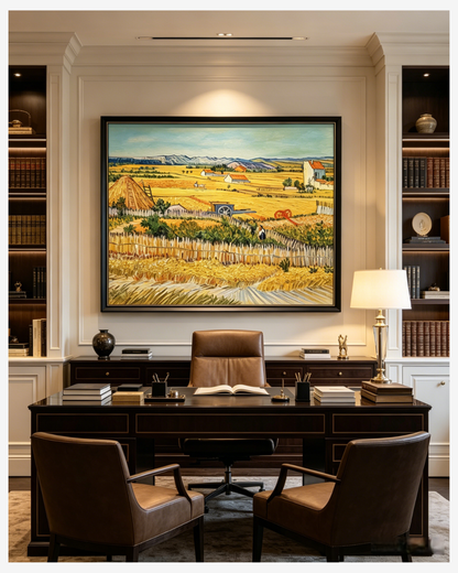 Van Gogh The Harvest canvas art displayed in a classic home office, warm golden landscape wall art