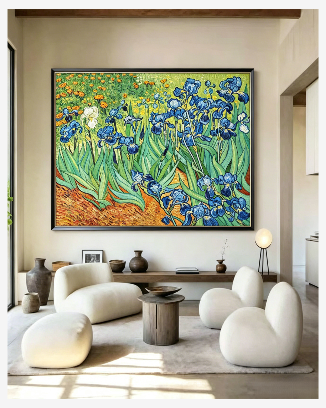 Original hand-painted Van Gogh Irises canvas artwork in cozy minimalist living room decor