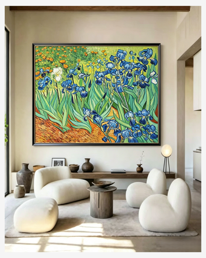 Original hand-painted Van Gogh Irises canvas artwork in cozy minimalist living room decor