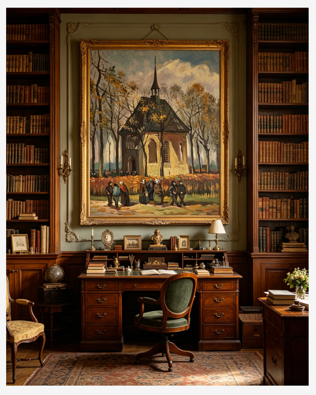 Van Gogh church painting displayed in a traditional home library study