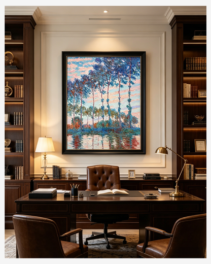 Hand-painted Monet Poplars reproduction in a classic home office, sophisticated landscape wall art