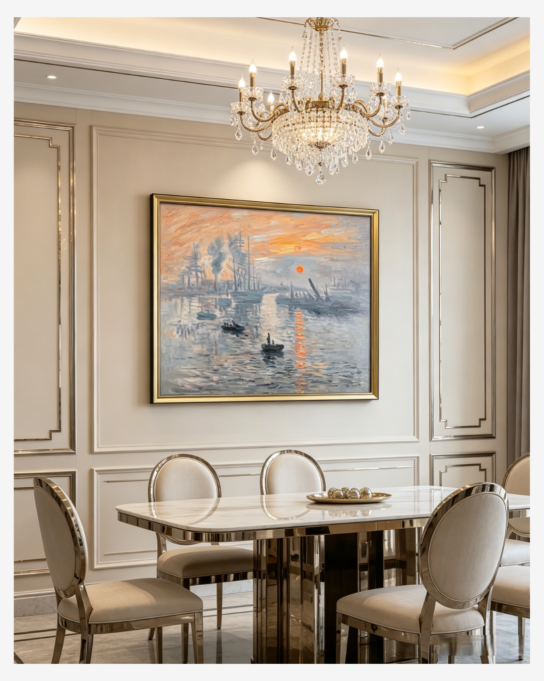 :MonetImpression Sunrise paintingdisplayed in an upscale dining room