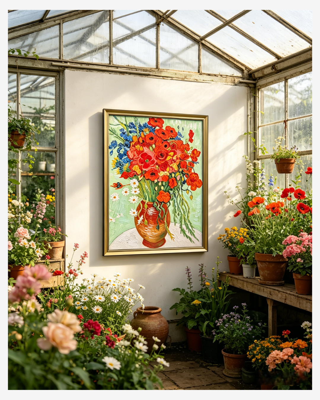 Hand-painted Van Gogh poppy and daisy reproduction in a greenhouse setting, timeless floral wall art