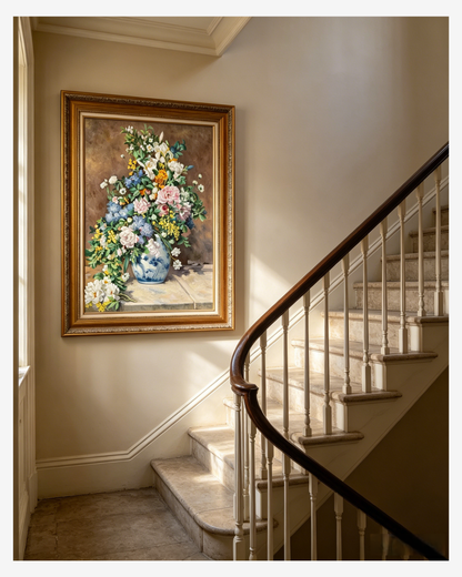 Hand-painted Renoir flower bouquet reproduction in a classic entryway, timeless impressionist wall art