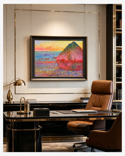 Monetimpressionist sunset paintingdisplayed in an executive homeoffice with a leather chair