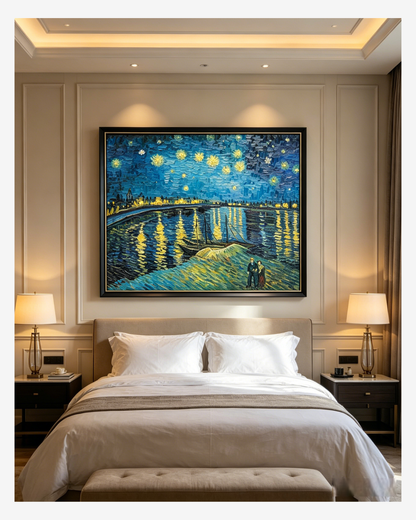 Hand-painted Van Gogh river starry night reproduction in a cozy bedroom, timeless impressionist wall art