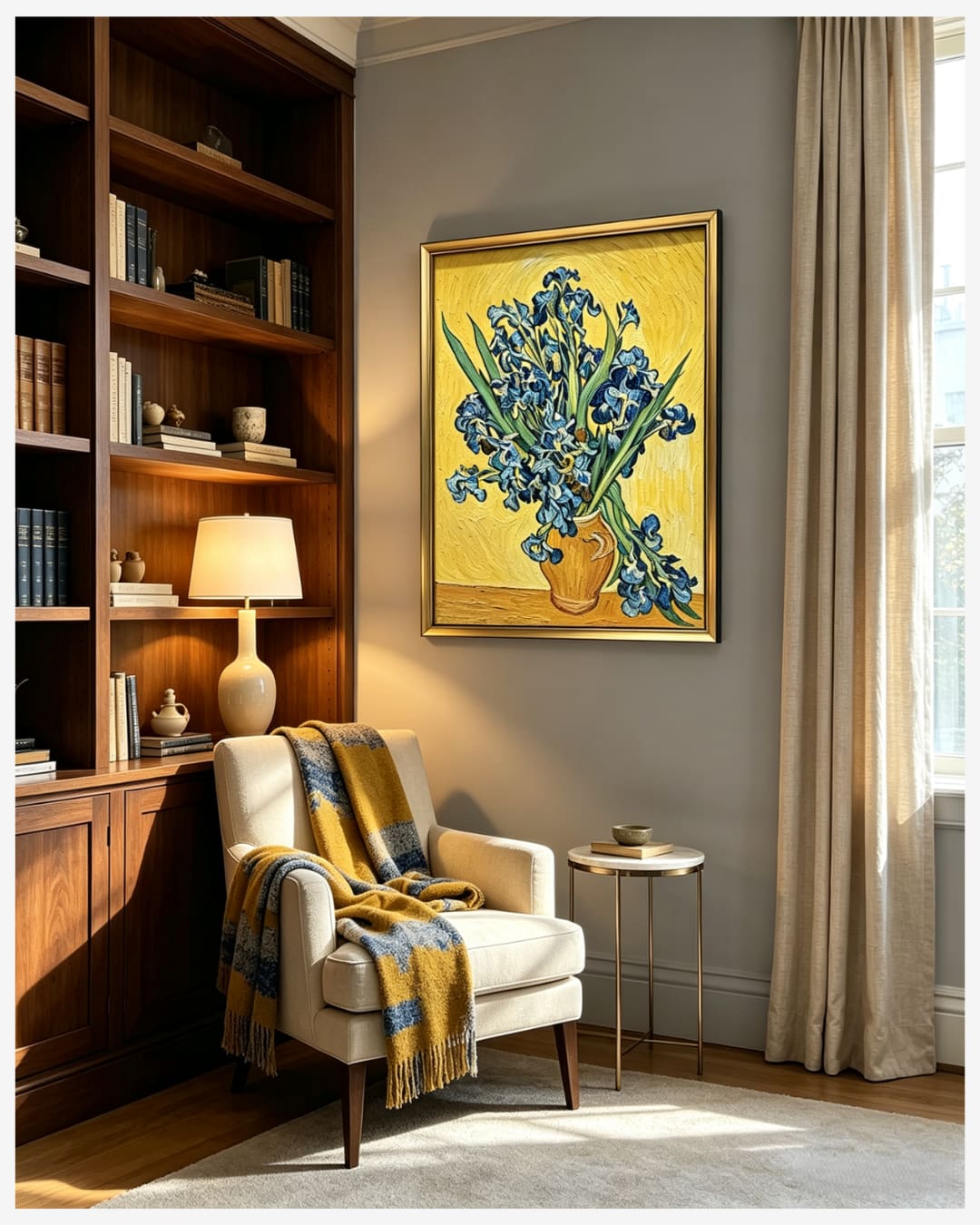 Van Gogh Irises still life wall art in cozy reading nook with vintage armchair accent wall decor