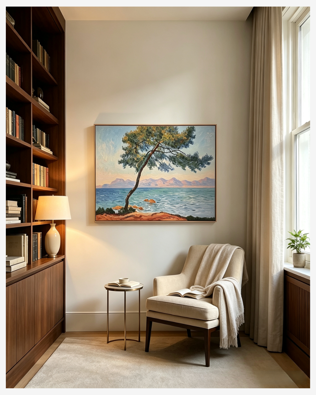 Monet Antibes pine tree wall art in quiet reading nook with wooden bookshelf decor