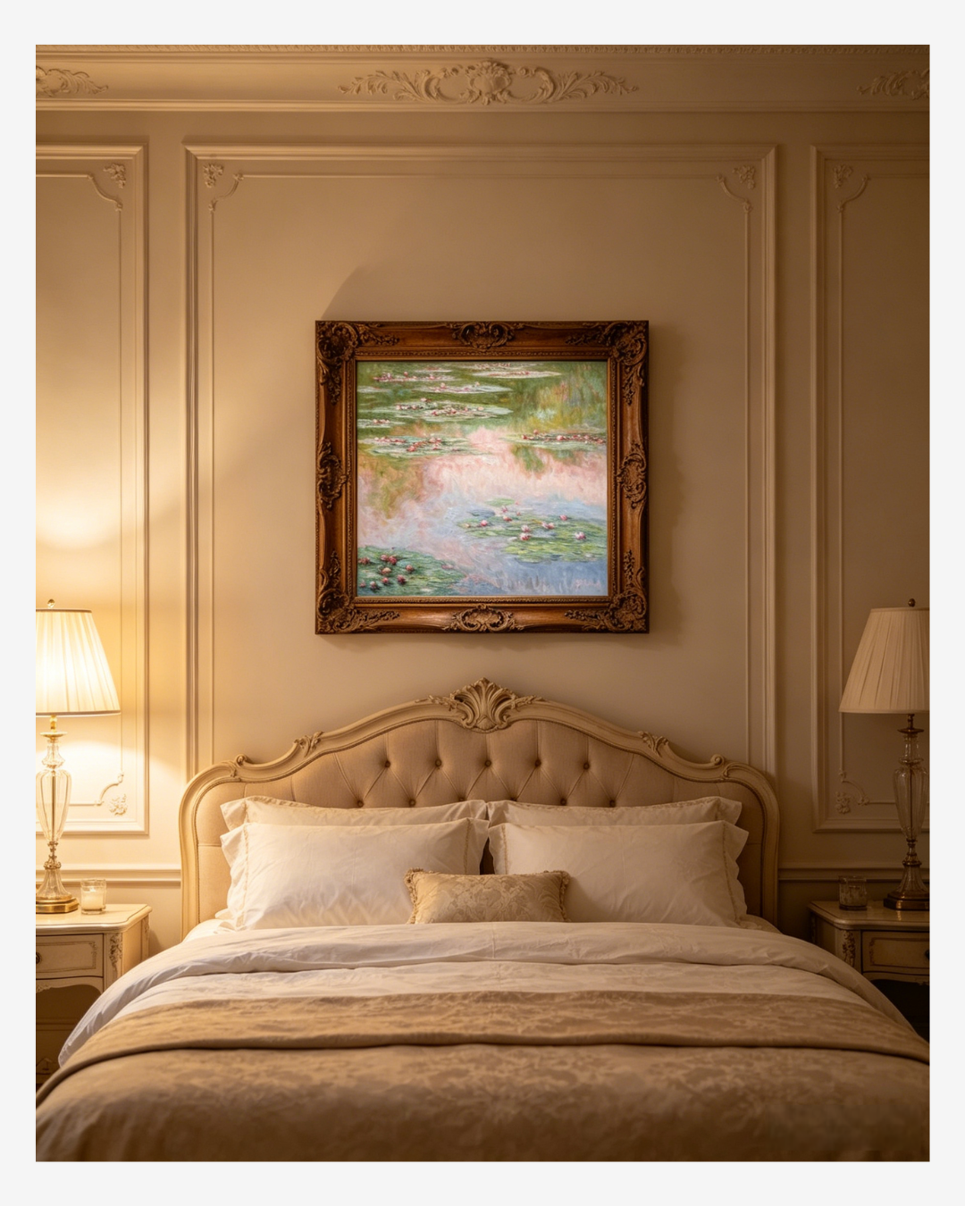 Monet pink water lily reproduction in a cozy bedroom, bringing calm, dreamy vibes to your space