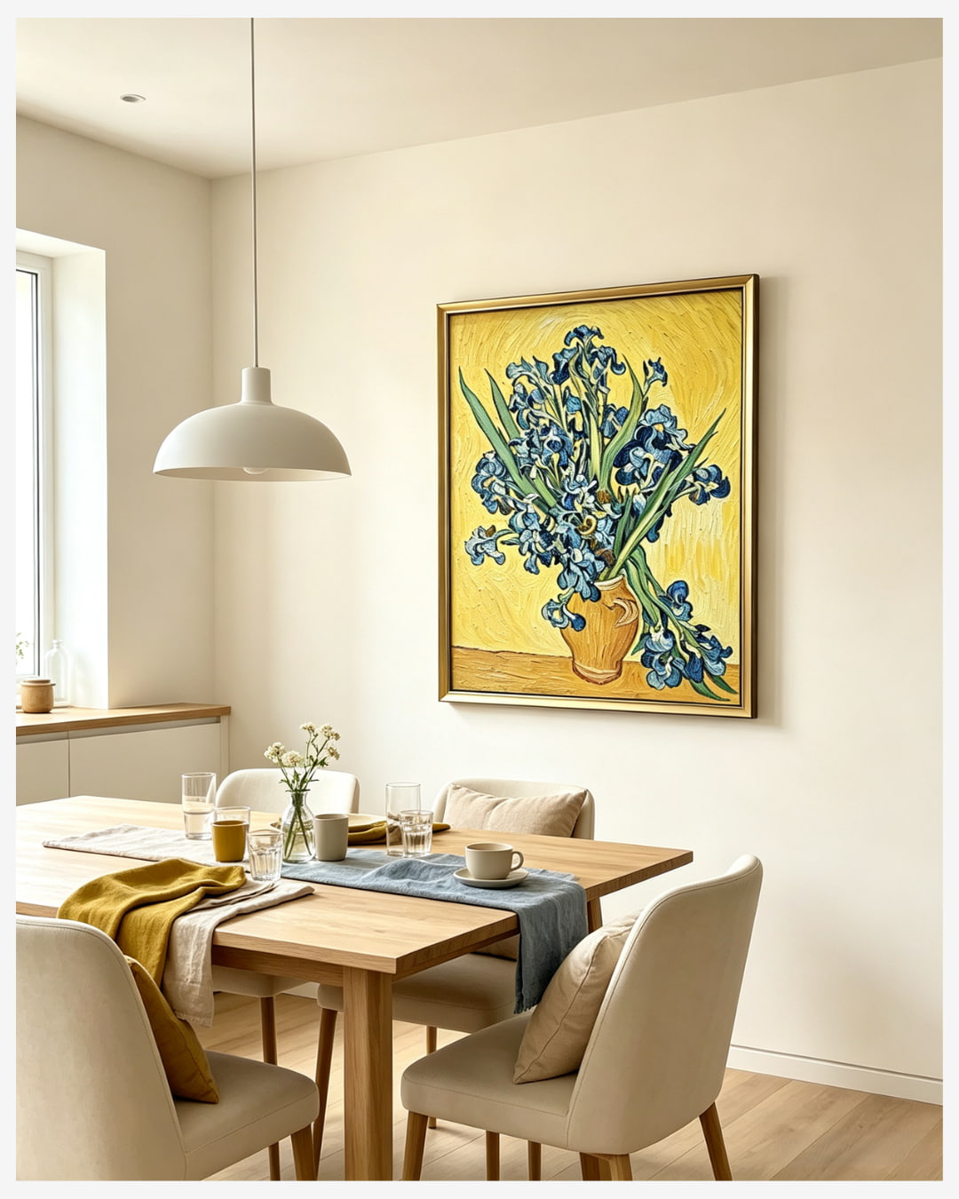 Handpainted Van Gogh Irises floral oil painting for dining room wall decor above wooden dining table