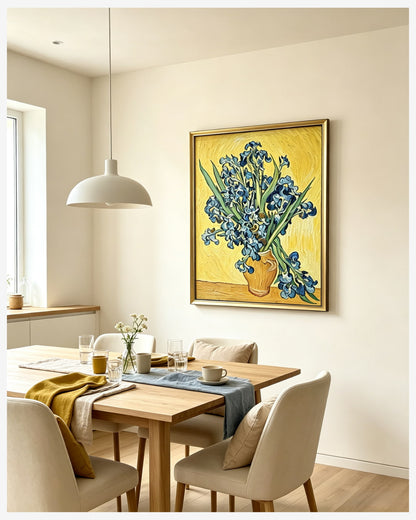 Handpainted Van Gogh Irises floral oil painting for dining room wall decor above wooden dining table