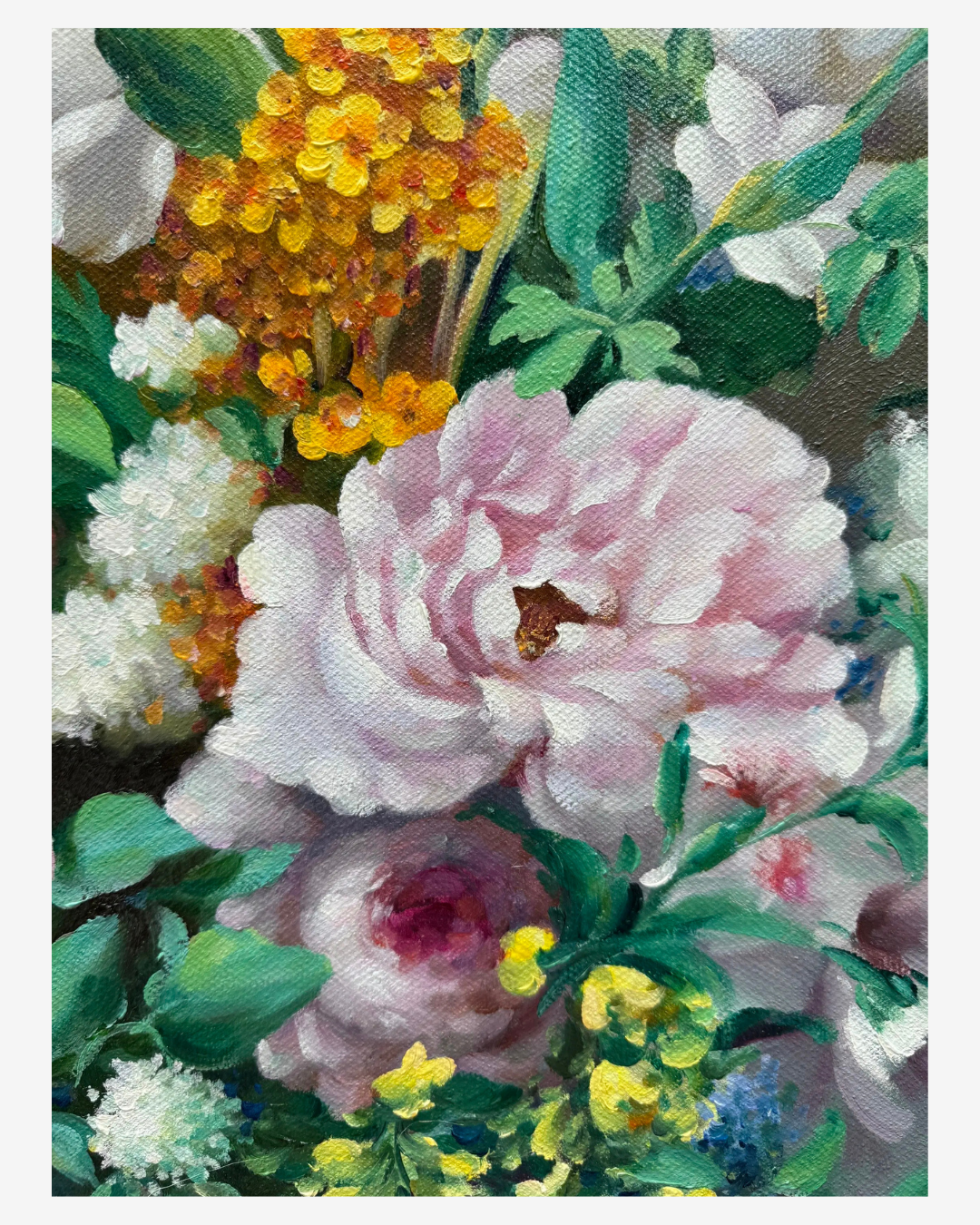 Detailed shot of pink peony blooms and delicate brushwork on hand-painted Renoir floral reproduction