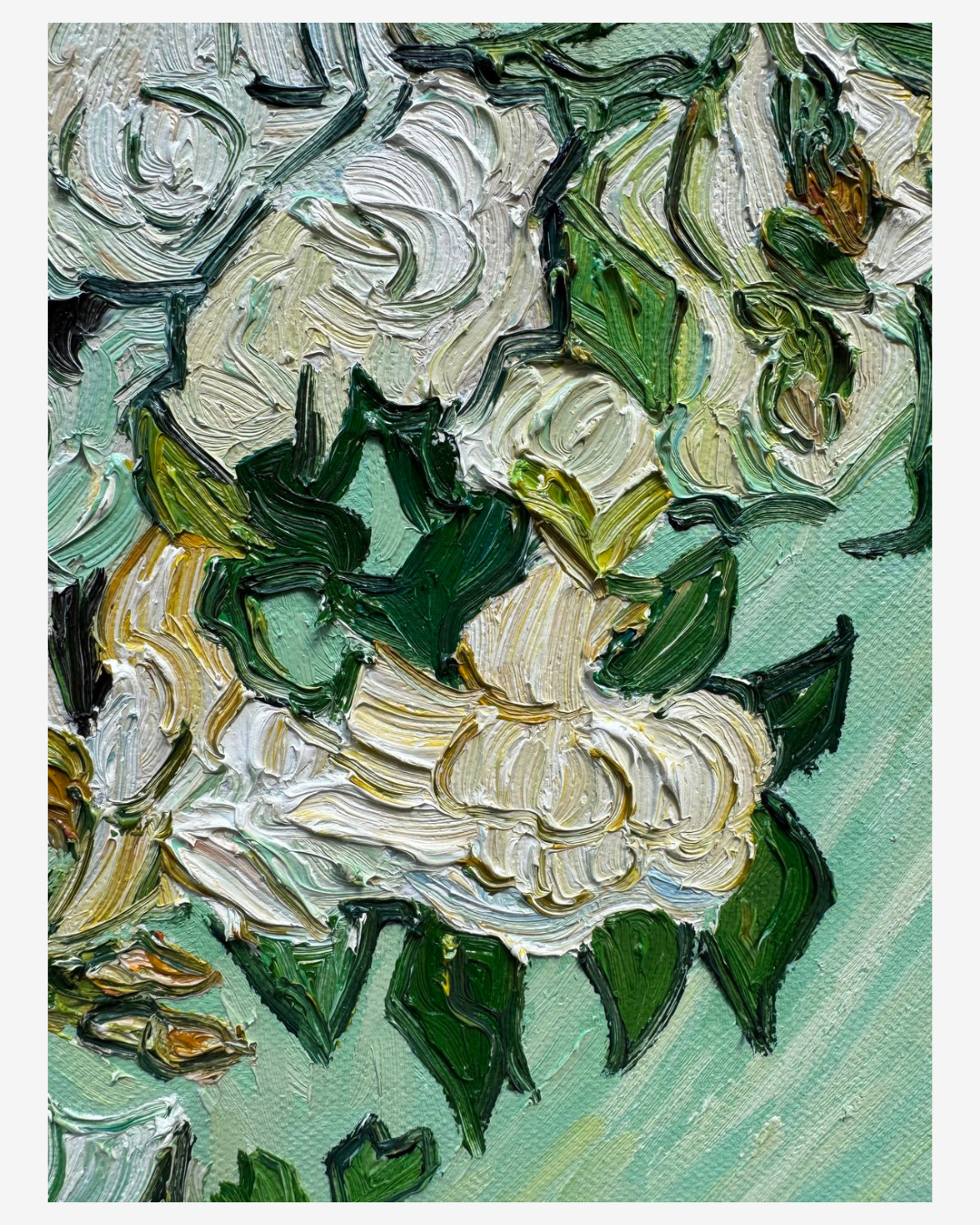 Close-up view of textured brushstrokes on Van Gogh White Roses oil painting, showing rose and leaf details