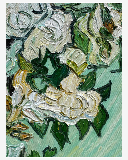 Close-up view of textured brushstrokes on Van Gogh White Roses oil painting, showing rose and leaf details